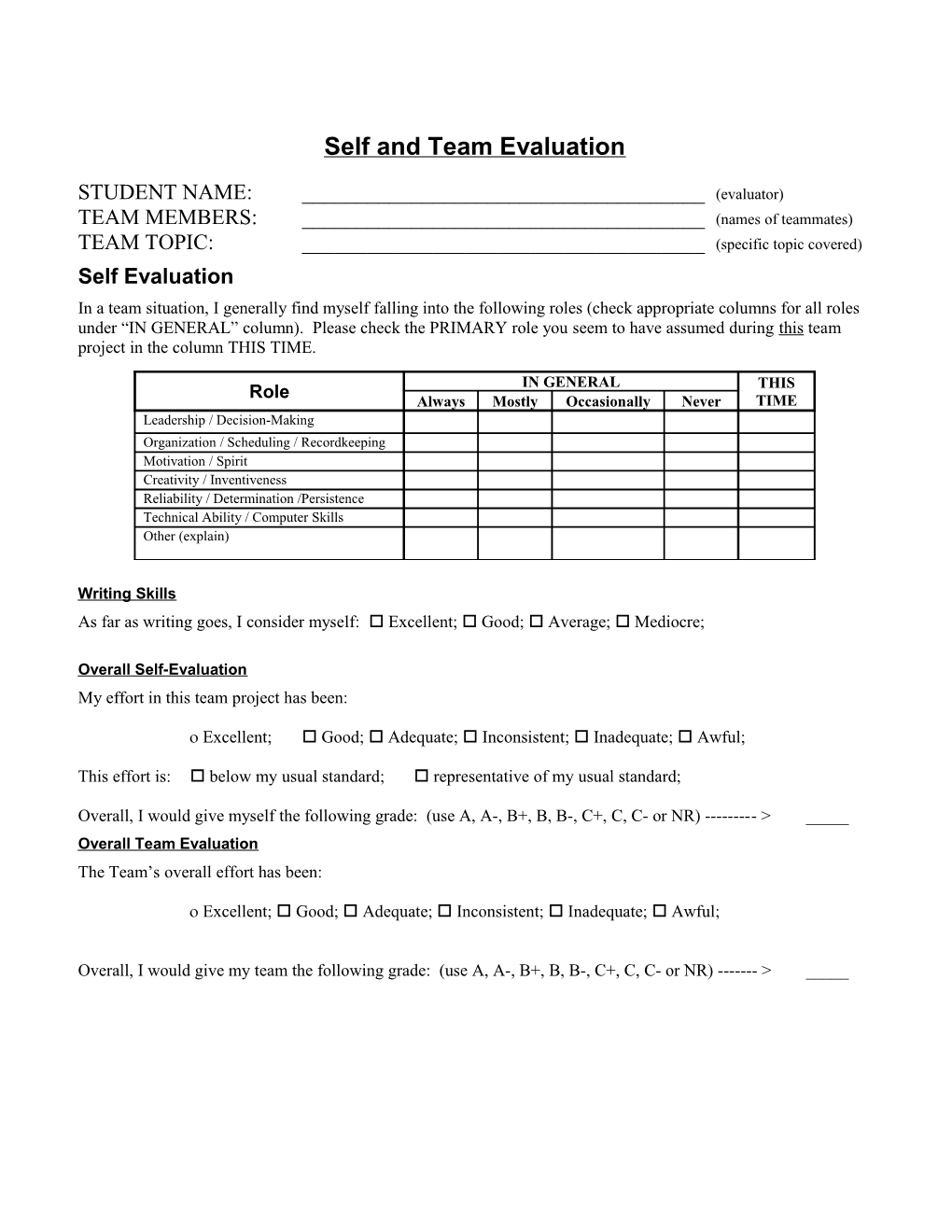 Self and Team Evaluation