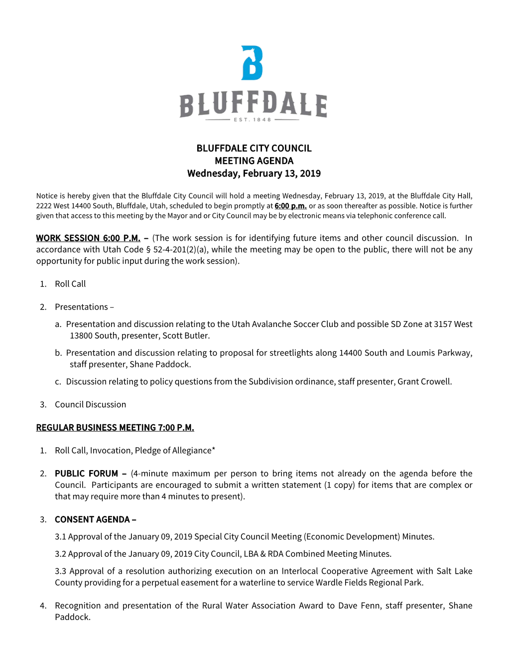 BLUFFDALE CITY COUNCIL MEETING AGENDA Wednesday, February 13, 2019