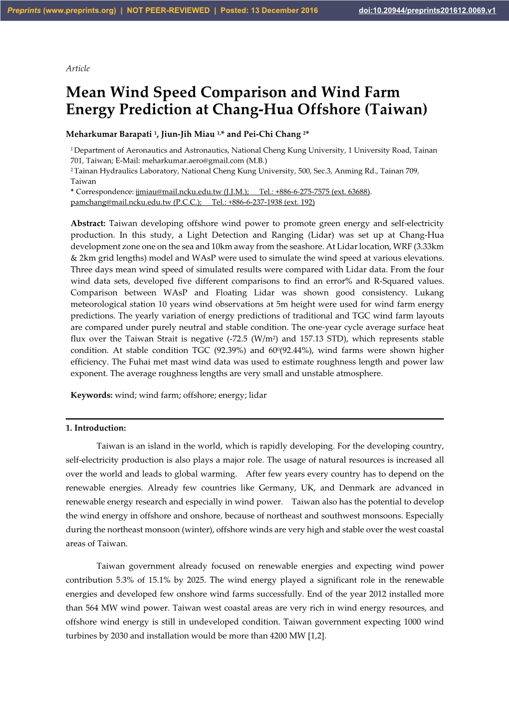 Mean Wind Speed Comparison and Wind Farm Energy Prediction at Chang-Hua Offshore (Taiwan)