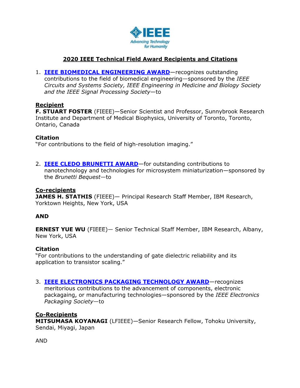 2020 IEEE Technical Field Award Recipients and Citations