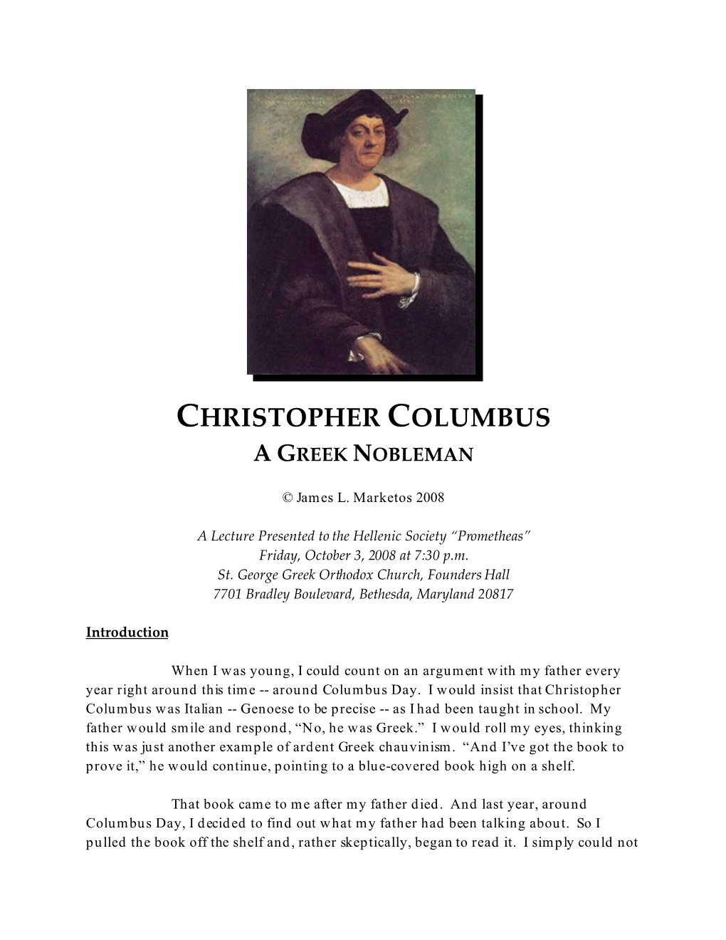 Christopher Columbus a Greek Nobleman