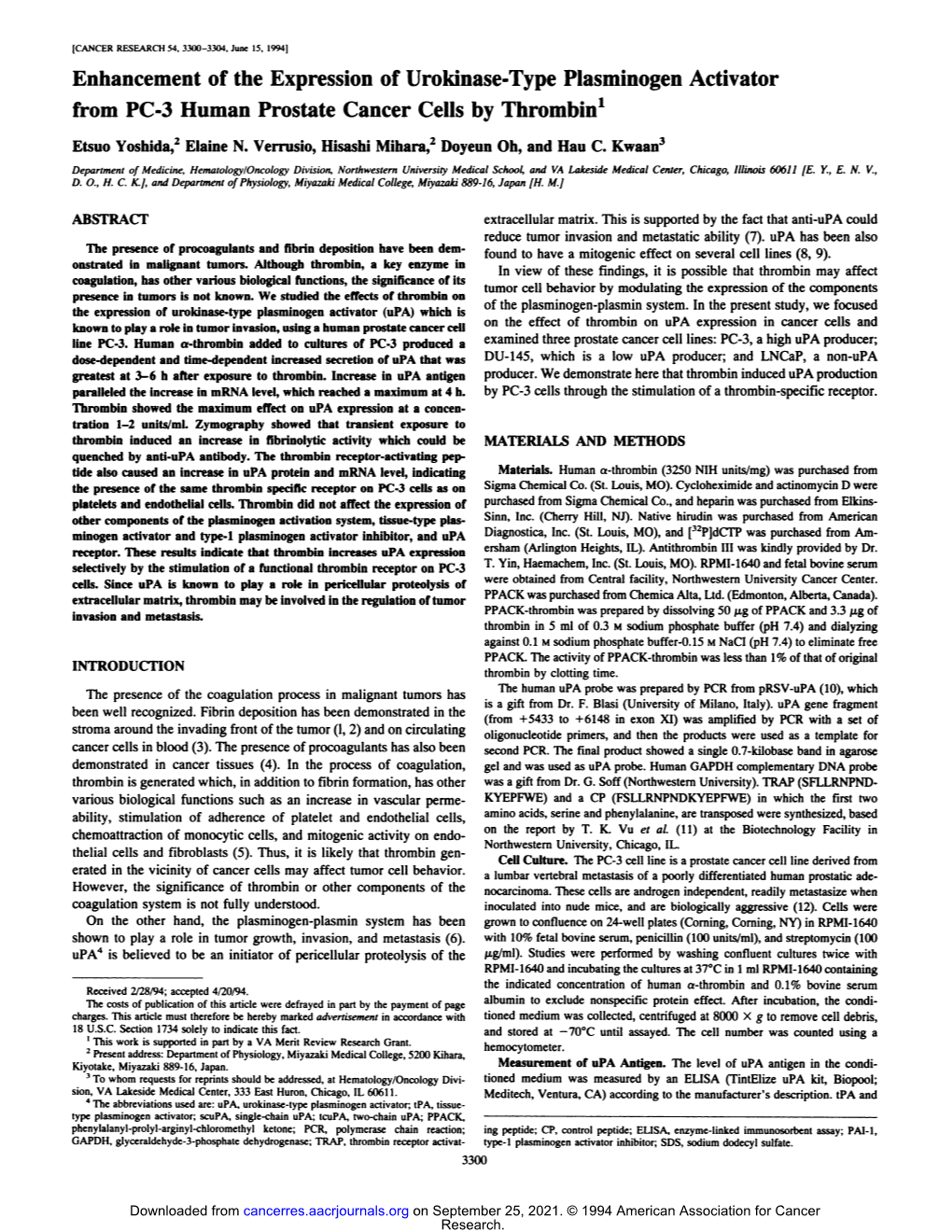 Enhancement of the Expression of Urokinase-Type Plasminogen Activator from PC-3 Human Prostate Cancer Cells by Thrombin'