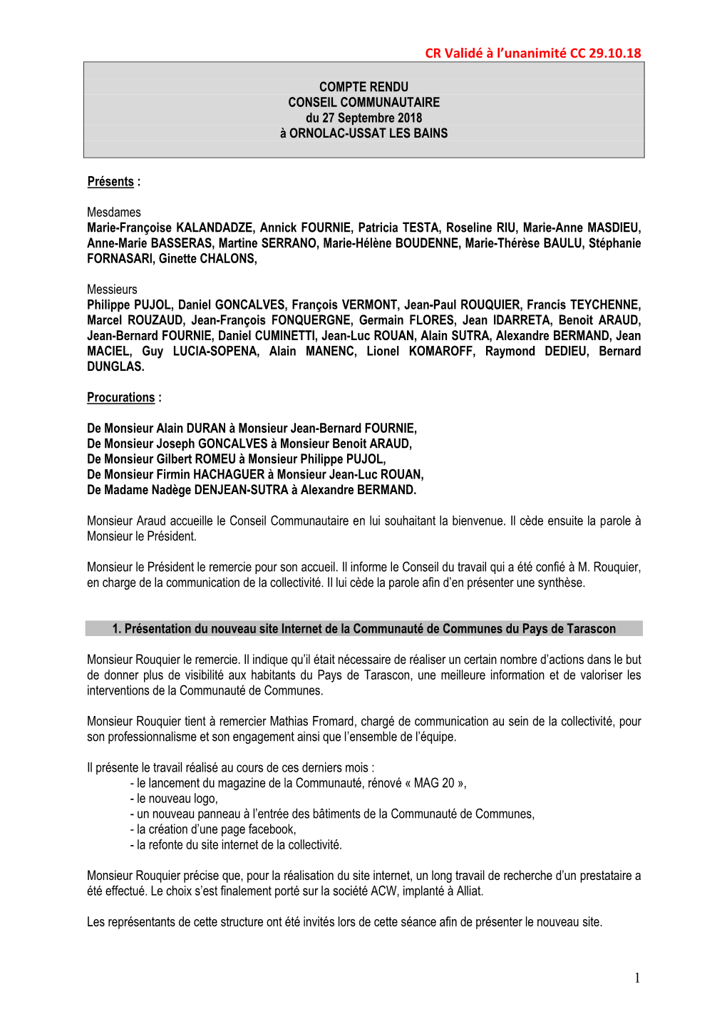 Compte-Rendu Du Conseil Communautaire 27 Septembre 2018