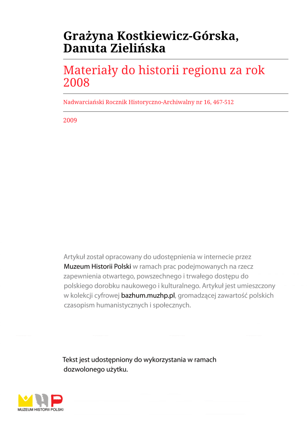 Grażyna Kostkiewicz-Górska, Danuta Zielińska Materiały Do Historii Regionu Za Rok 2008