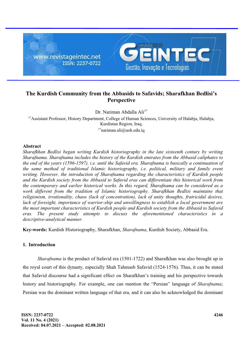 The Kurdish Community from the Abbasids to Safavids; Sharafkhan Bedlisi’S Perspective