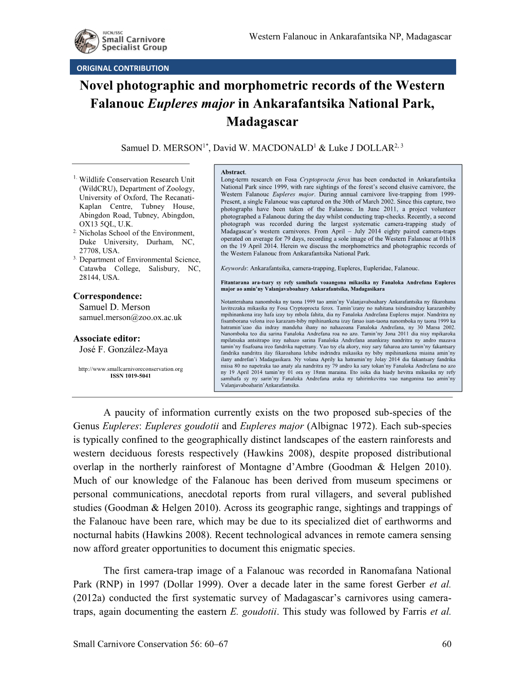 Novel Photographic and Morphometric Records of the Western Falanouc Eupleres Major in Ankarafantsika National Park, Madagascar