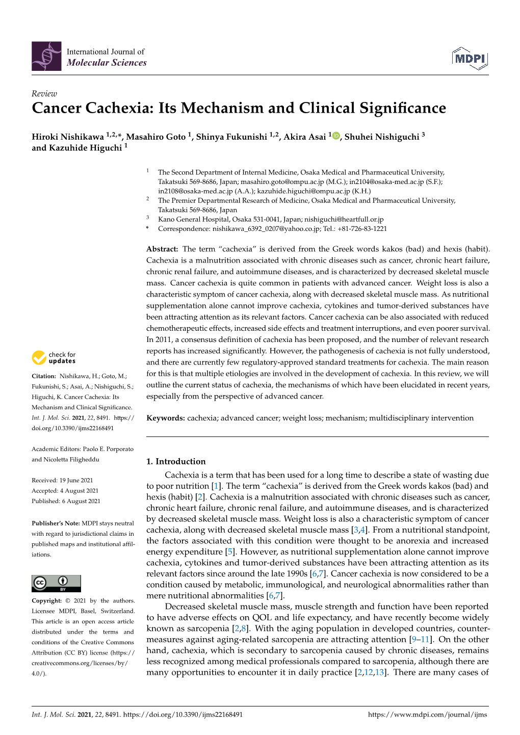 Cancer Cachexia: Its Mechanism and Clinical Significance