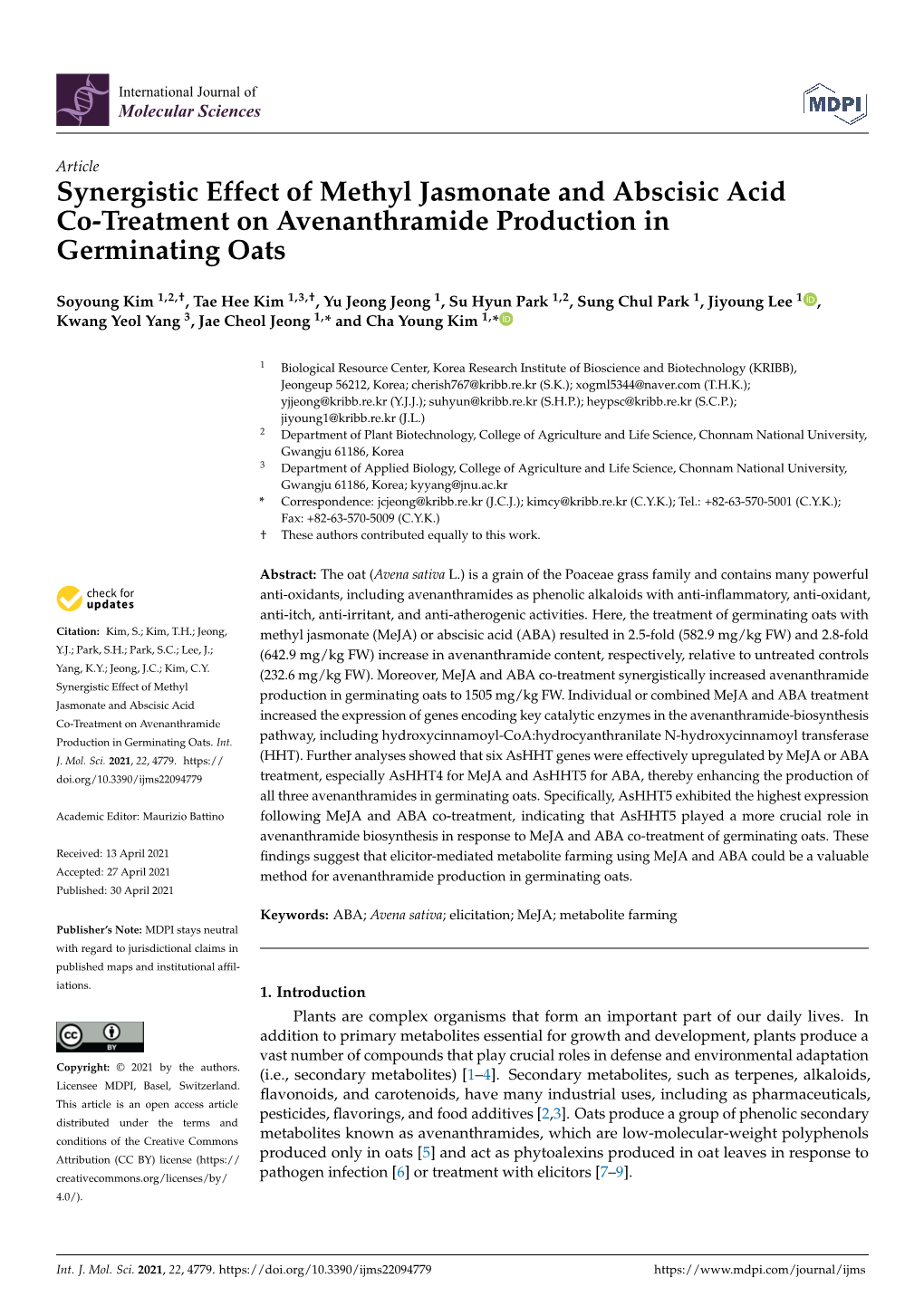 Synergistic Effect of Methyl Jasmonate and Abscisic Acid Co-Treatment on Avenanthramide Production in Germinating Oats