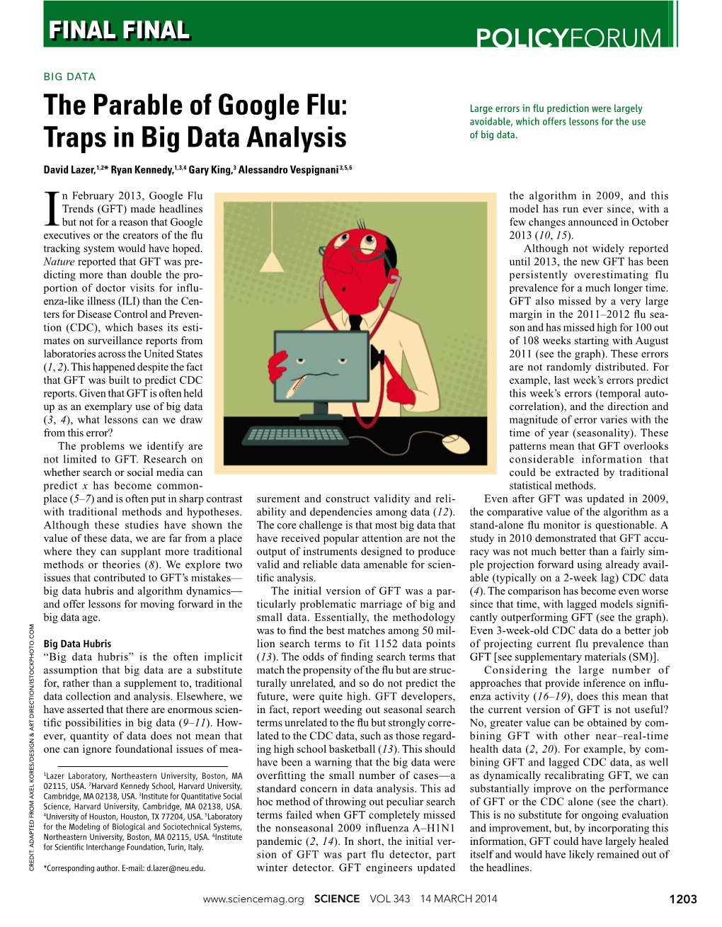 The Parable of Google Flu: Traps in Big Data Analysis