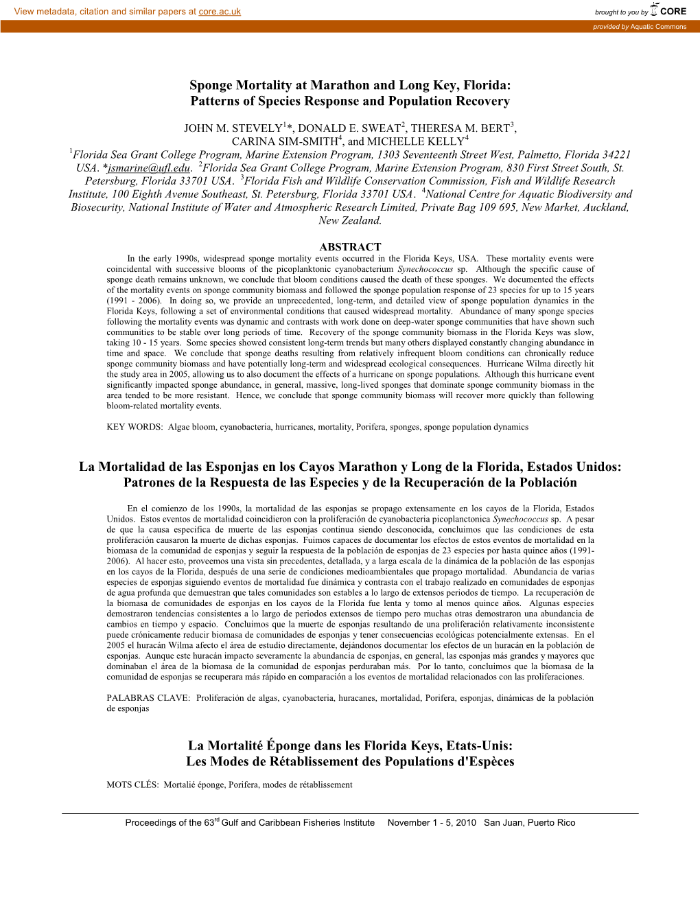 Sponge Mortality at Marathon and Long Key, Florida: Patterns of Species Response and Population Recovery