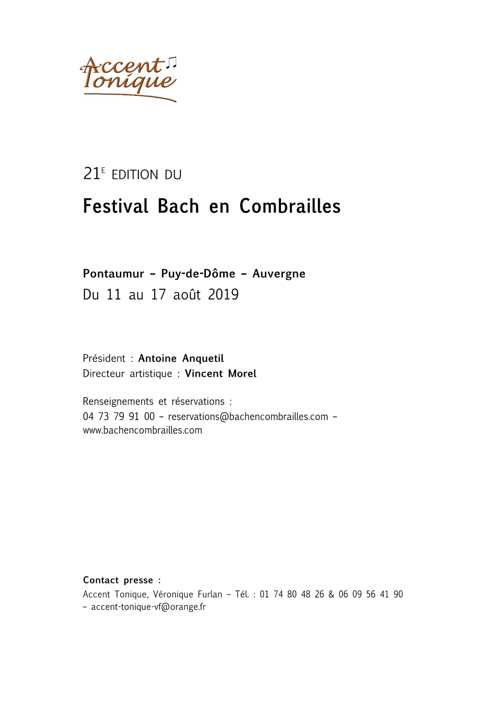 21E EDITION DU Festival Bach En Combrailles