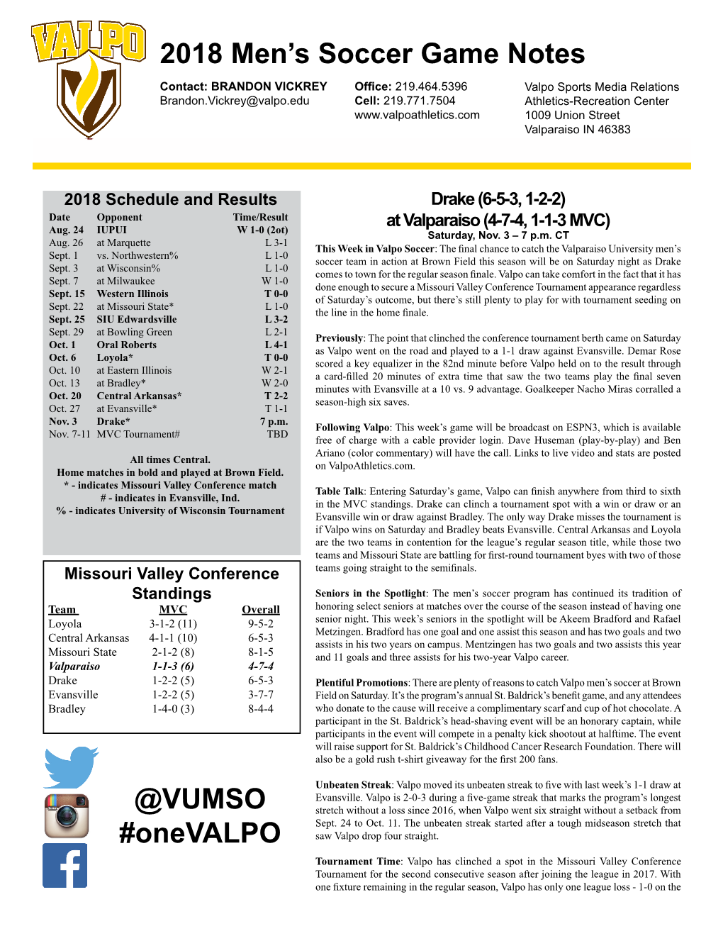 2018 Men's Soccer Game Notes @VUMSO #Onevalpo