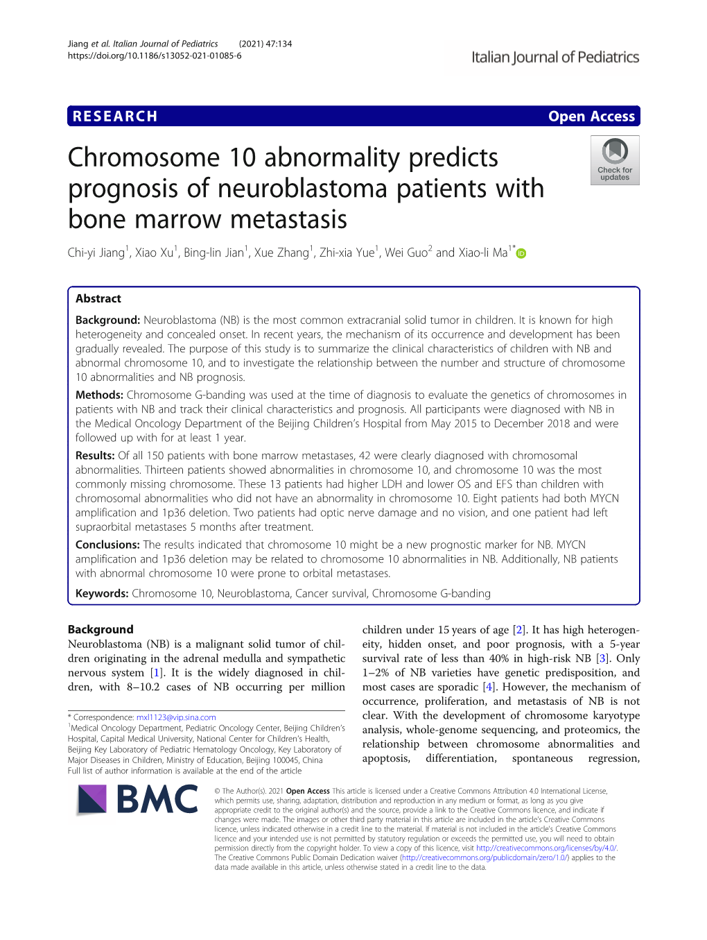 Chromosome 10 Abnormality Predicts Prognosis of Neuroblastoma Patients with Bone Marrow Metastasis