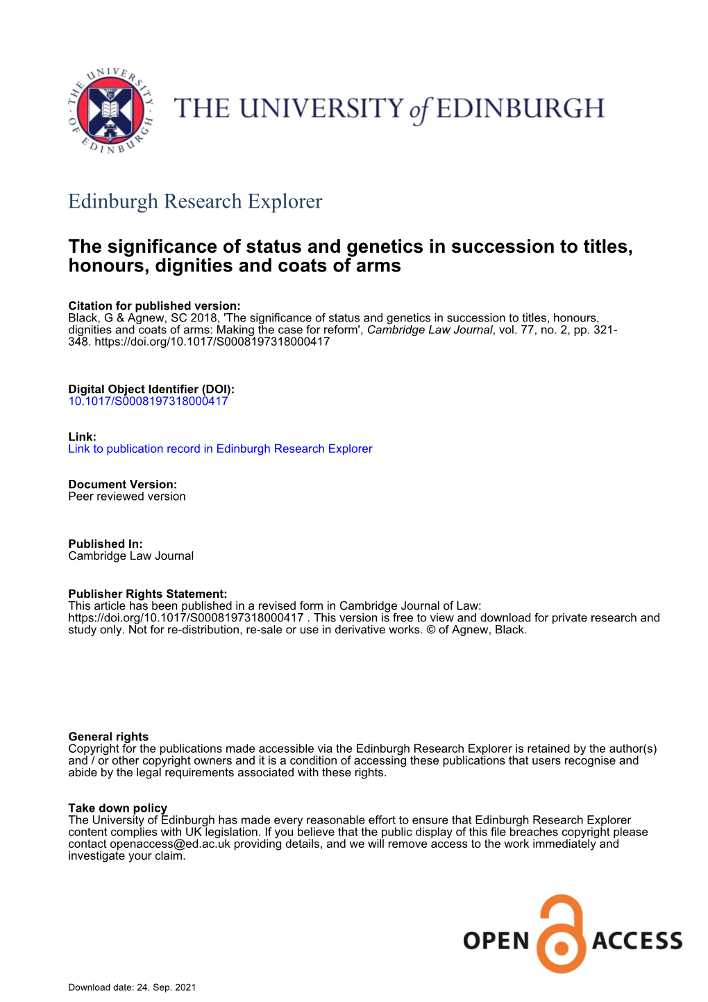 The Significance of Status and Genetics in Succession to Titles, Honours, Dignities and Coats of Arms