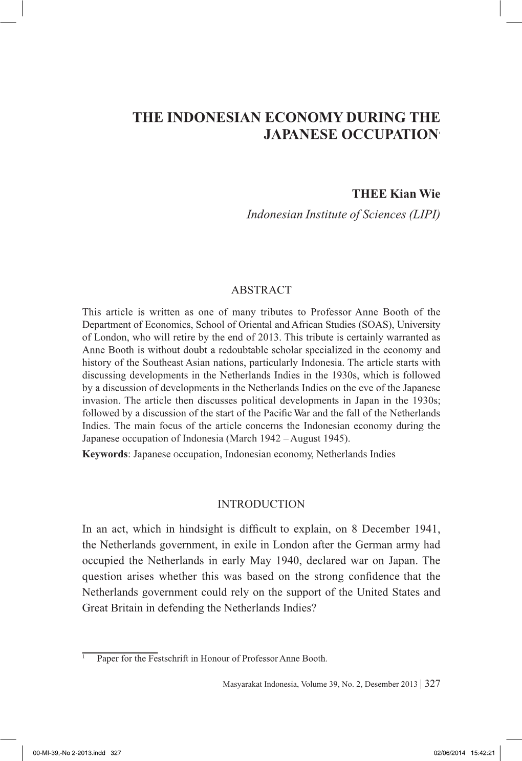 The Indonesian Economy During the Japanese Occupation1