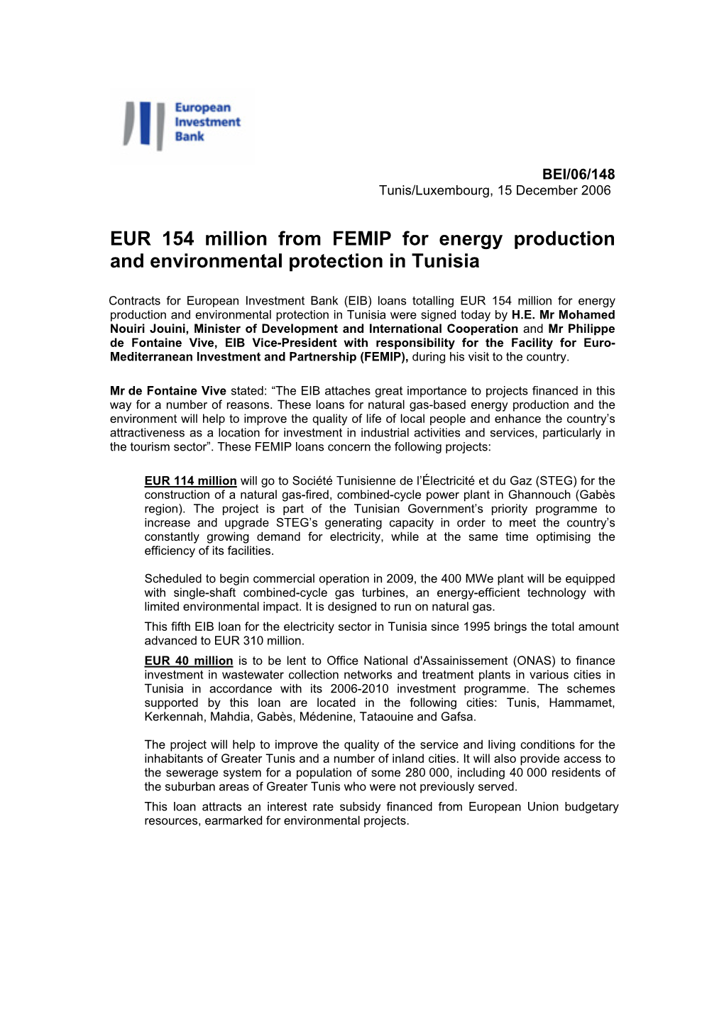 EUR 154 Million from FEMIP for Energy Production and Environmental Protection in Tunisia