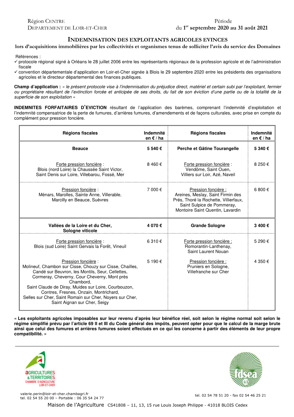 Loir-Et-Cher Signée À Blois Le 29 Septembre 2020 Entre Les Présidents Des Organisations Agricoles Et Le Directeur Départemental Des Finances Publiques