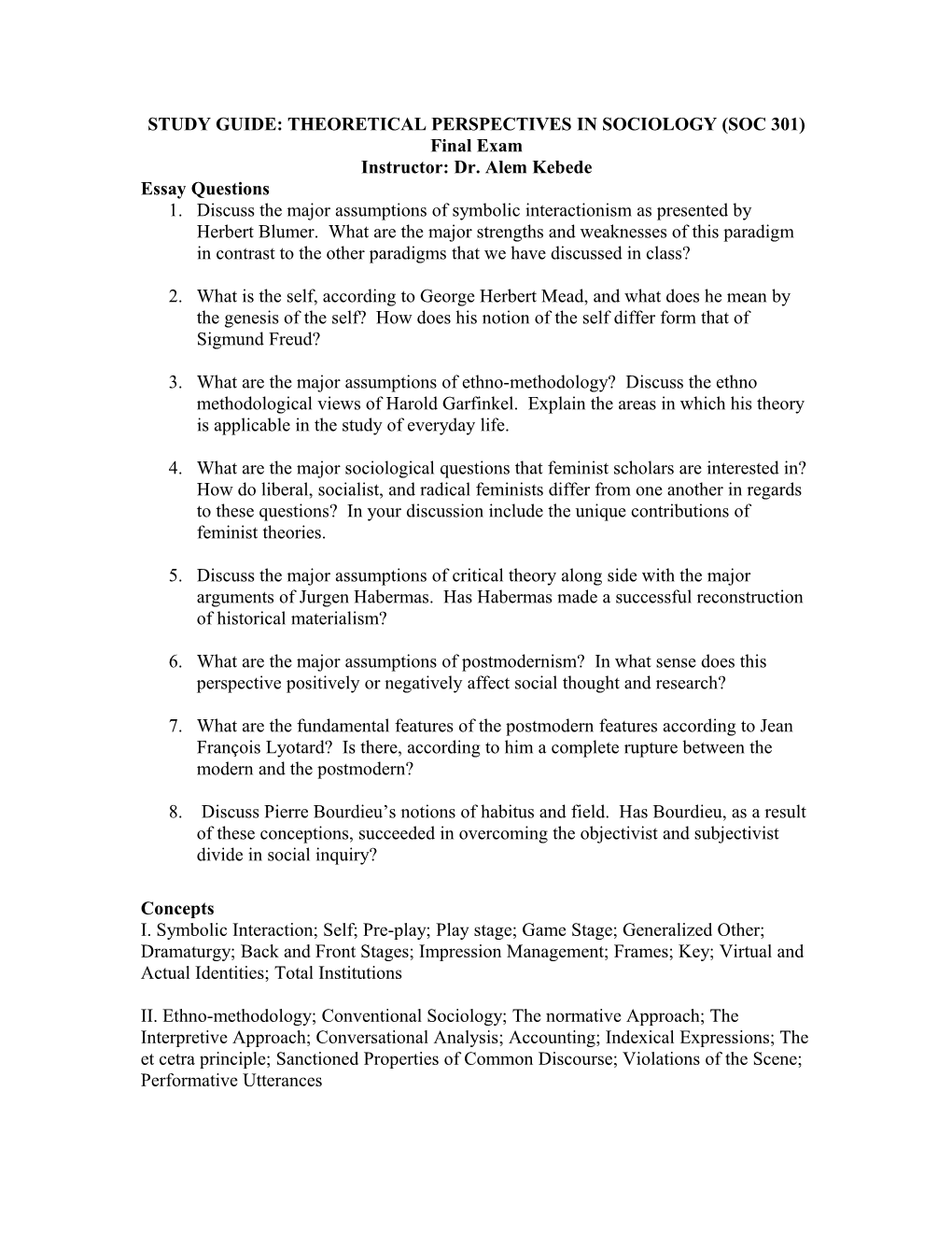 Study Guide: Theoretical Perspectives in Sociology (Soc 301)