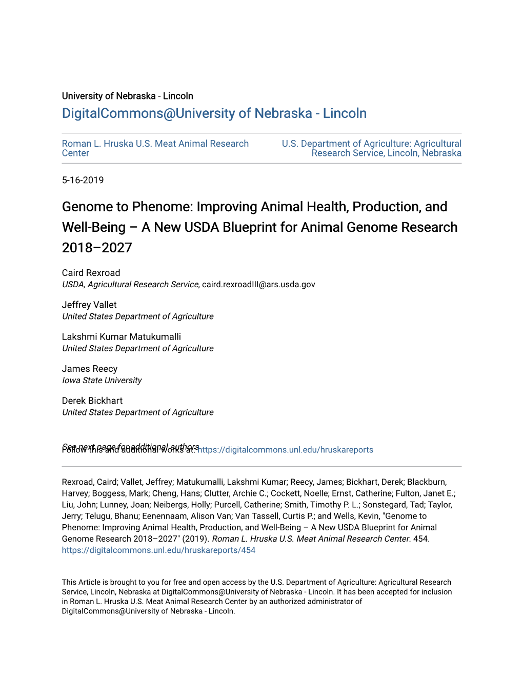 Genome to Phenome: Improving Animal Health, Production, and Well-Being – a New USDA Blueprint for Animal Genome Research 2018–2027