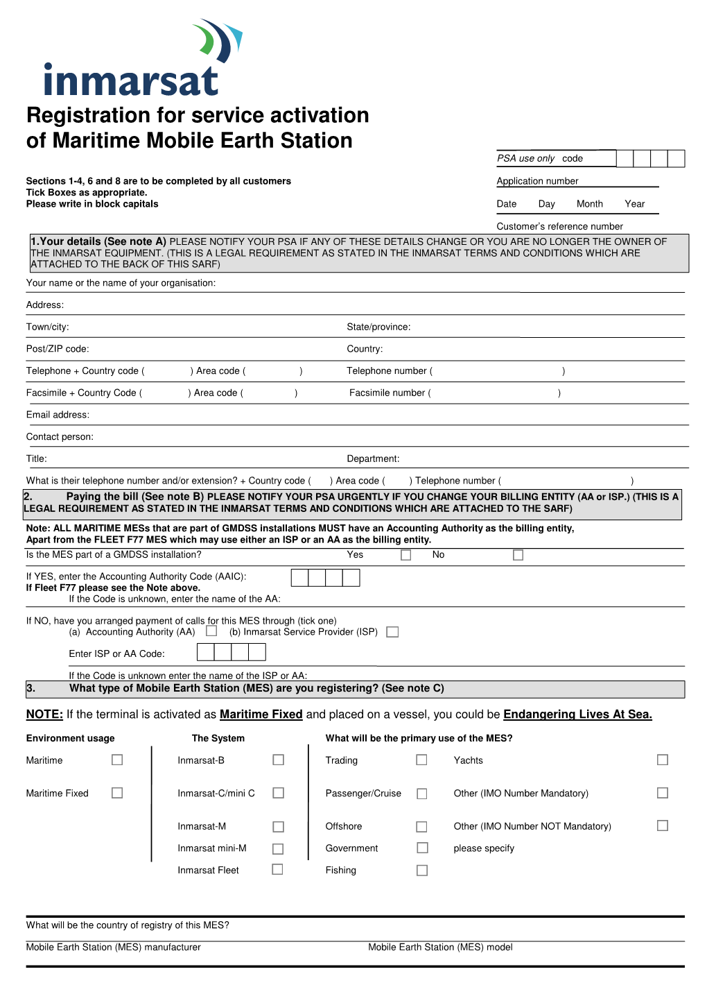 Registration for Service Activation of Maritime Mobile Earth Station PSA Use Only Code