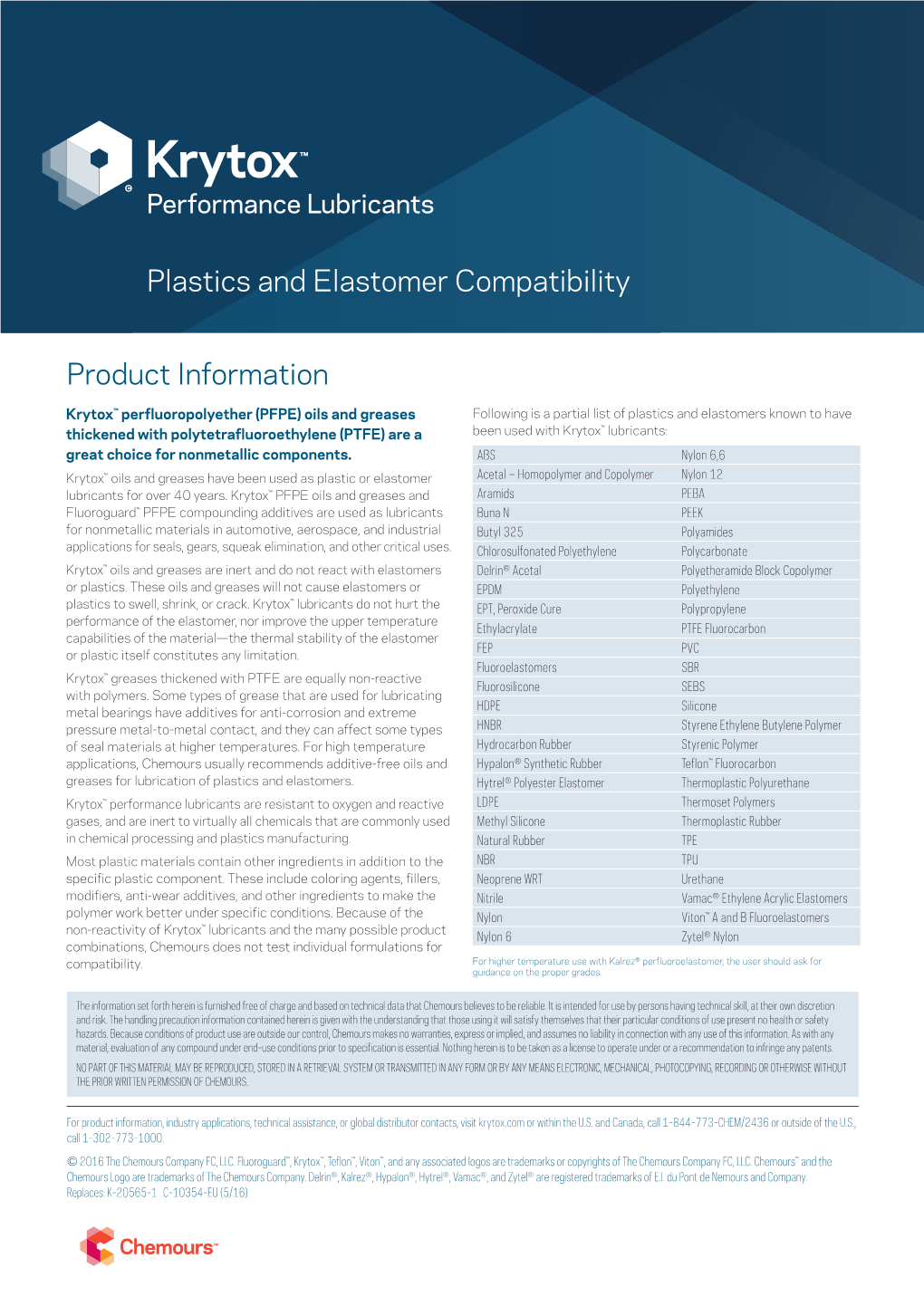 Product Information Plastics and Elastomer Compatibility