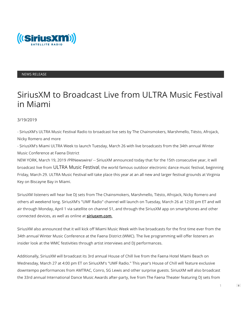 Siriusxm to Broadcast Live from ULTRA Music Festival in Miami