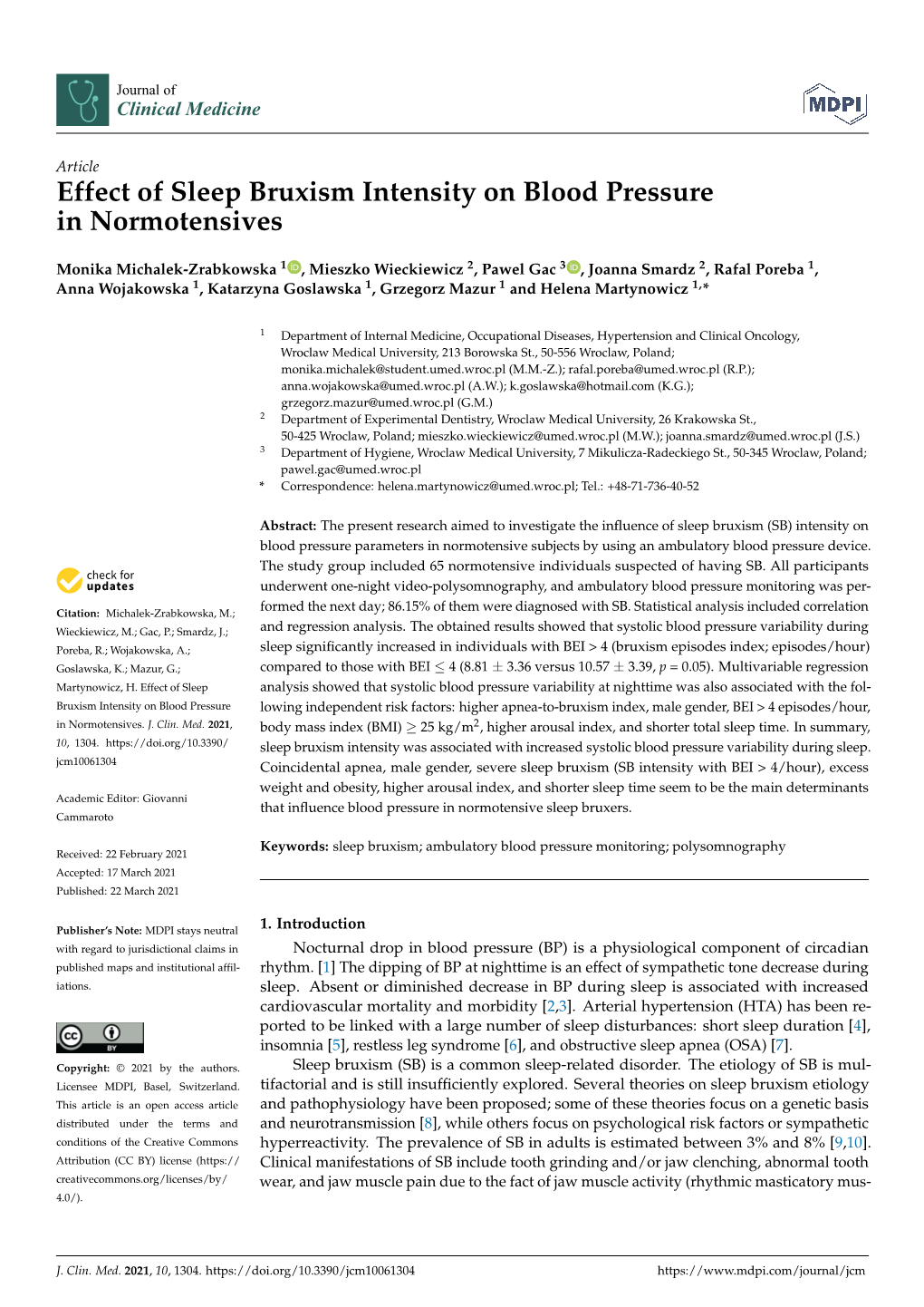 Effect of Sleep Bruxism Intensity on Blood Pressure in Normotensives