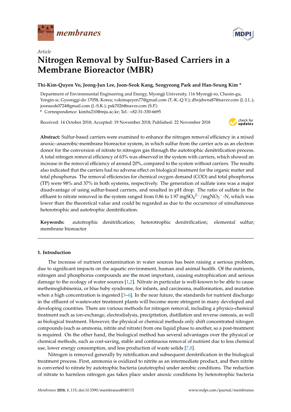 Nitrogen Removal by Sulfur-Based Carriers in a Membrane Bioreactor (MBR)