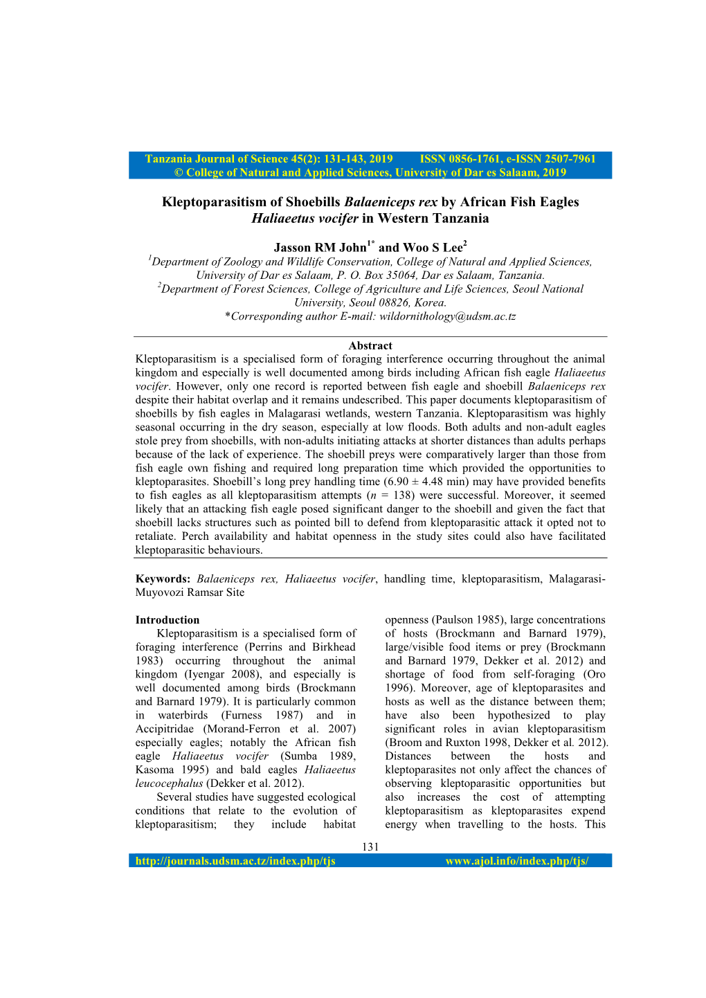 Kleptoparasitism of Shoebills Balaeniceps Rex by African Fish Eagles Haliaeetus Vocifer in Western Tanzania