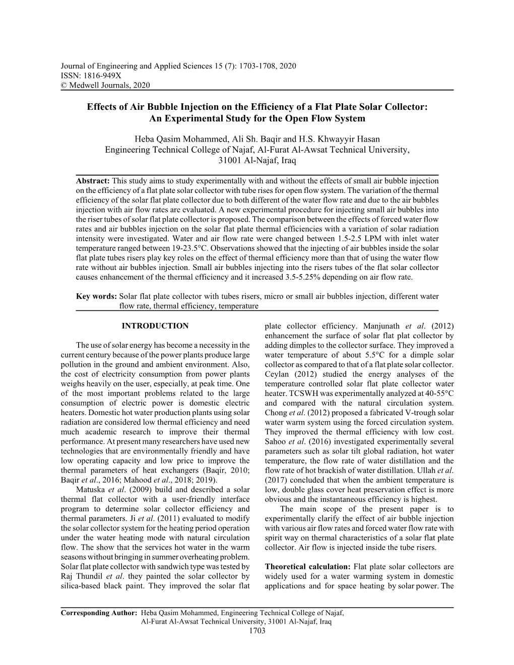 Effects of Air Bubble Injection on the Efficiency of a Flat Plate Solar Collector: an Experimental Study for the Open Flow System