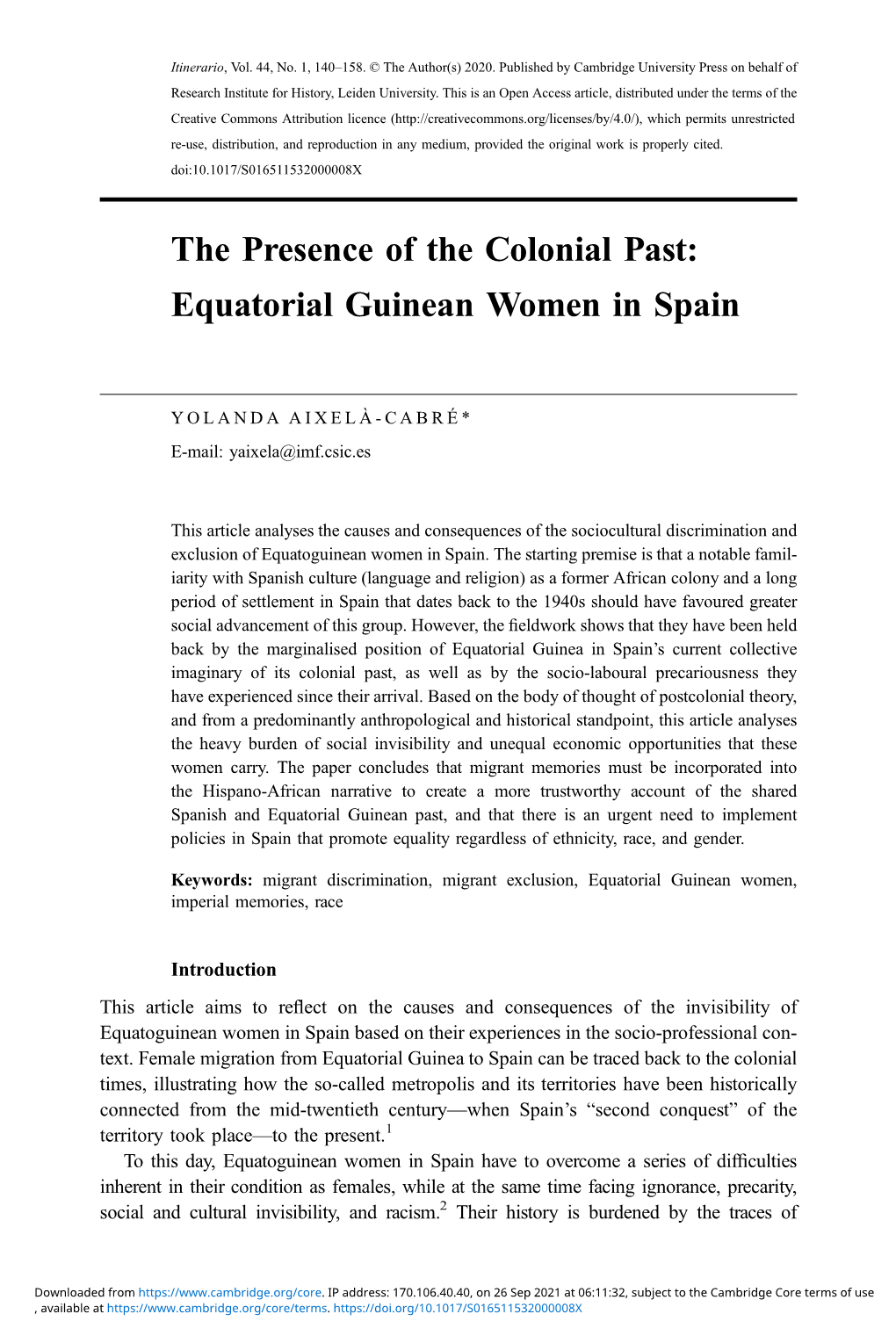 The Presence of the Colonial Past: Equatorial Guinean Women in Spain