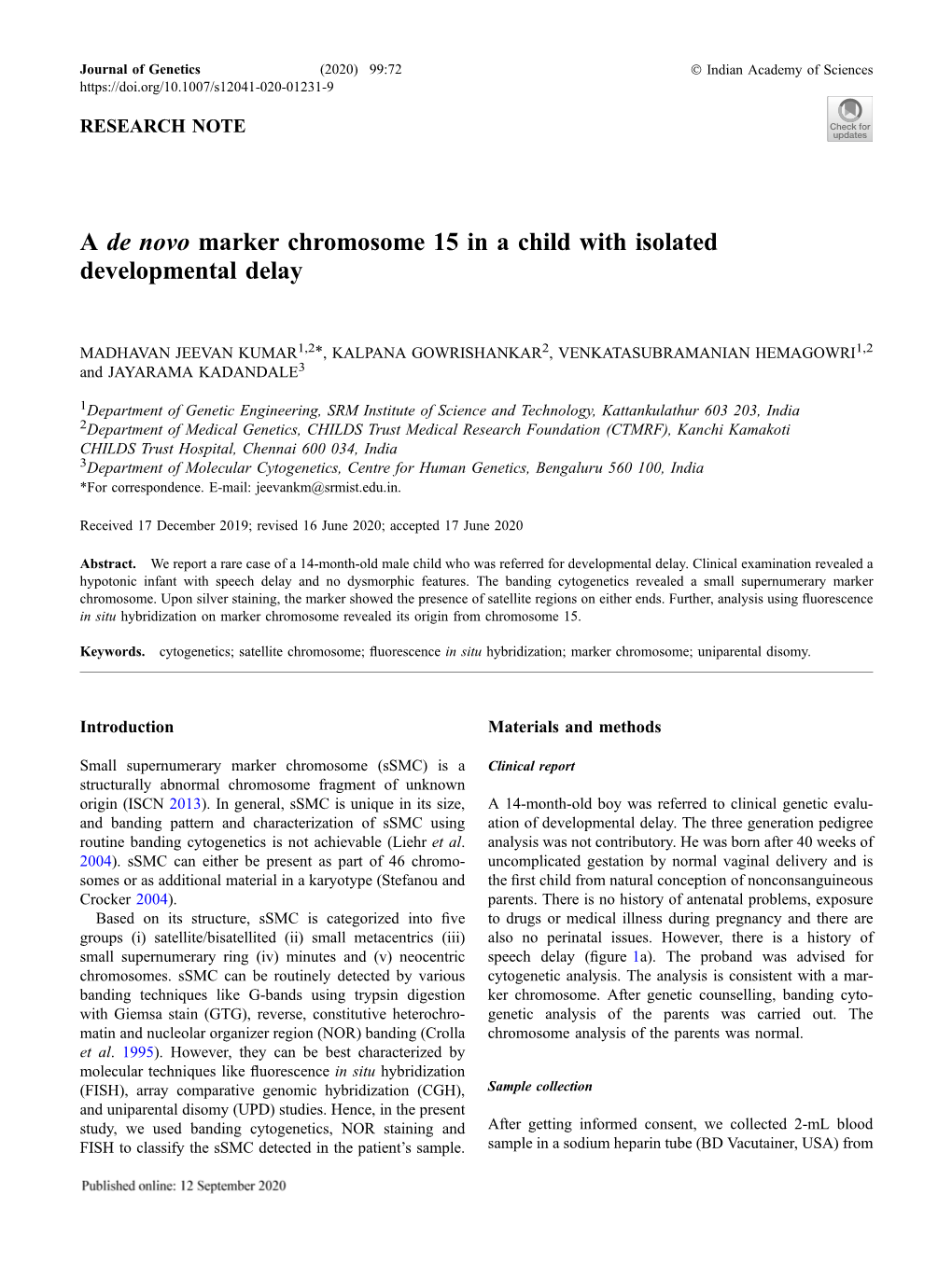 A De Novo Marker Chromosome 15 in a Child with Isolated Developmental Delay