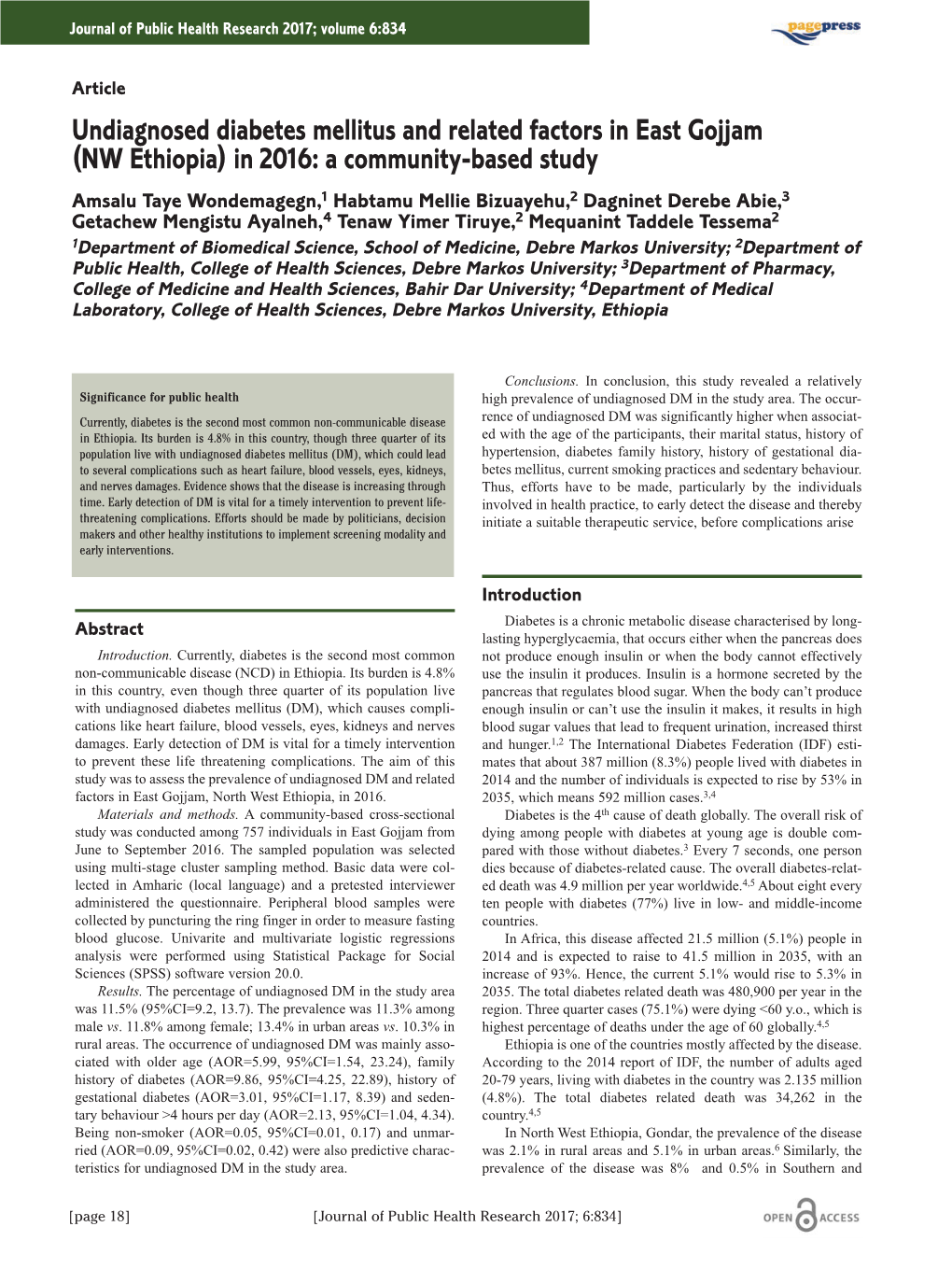 Undiagnosed Diabetes Mellitus and Related Factors in East Gojjam (NW Ethiopia) in 2016: a Community-Based Study