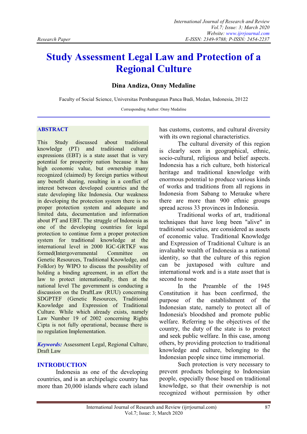 Study Assessment Legal Law and Protection of a Regional Culture