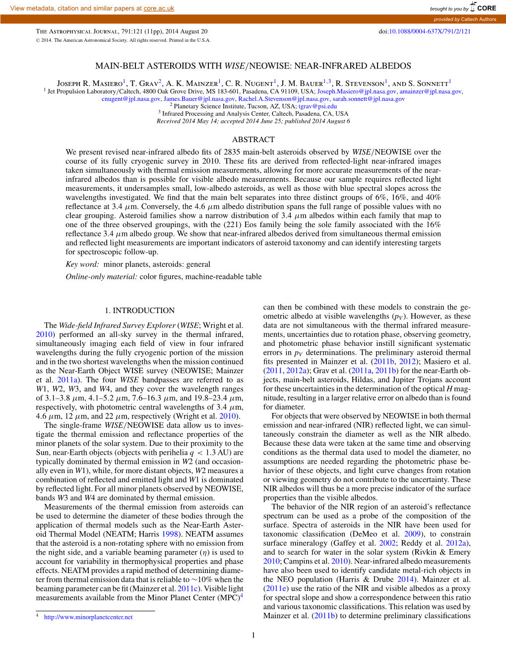 Main-Belt Asteroids with Wise/Neowise: Near-Infrared Albedos