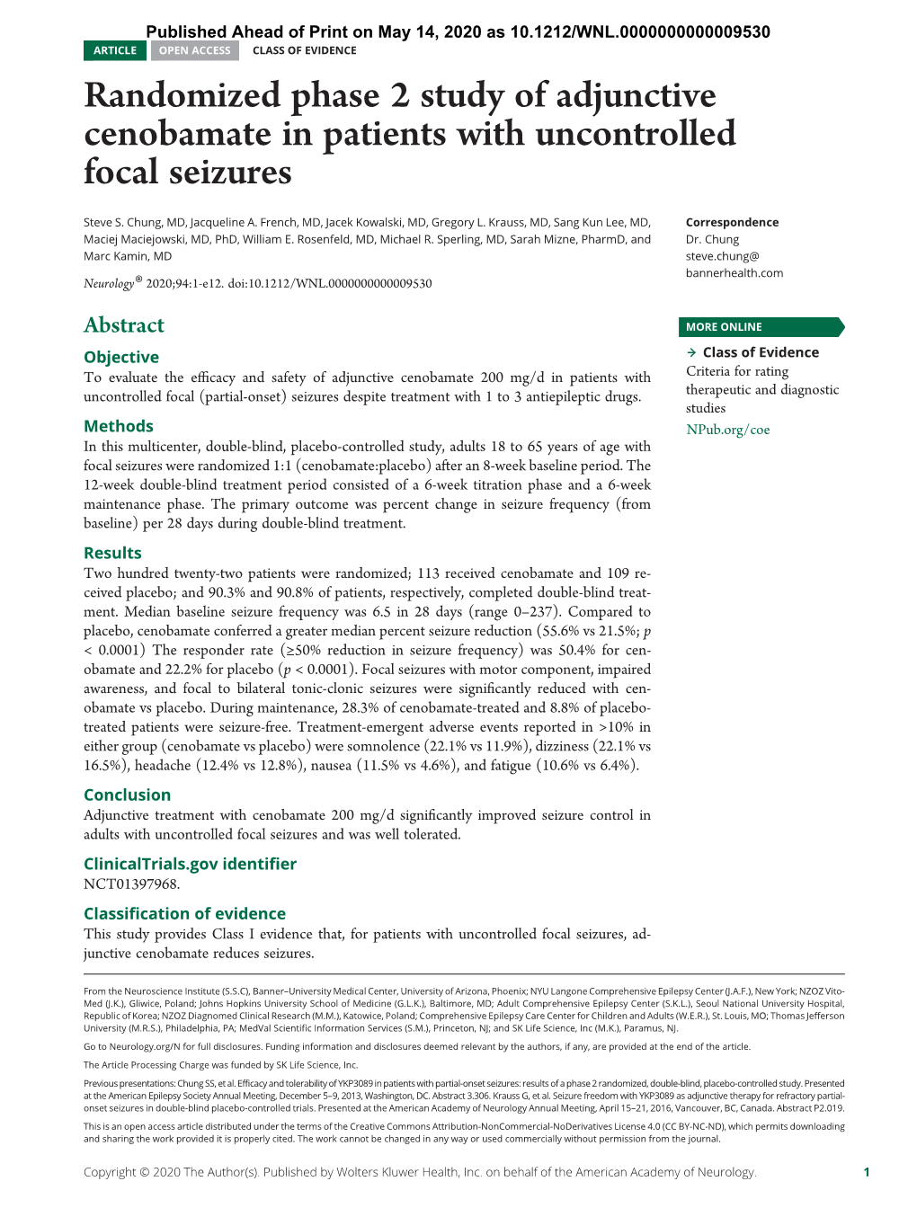 Randomized Phase 2 Study of Adjunctive Cenobamate in Patients with Uncontrolled Focal Seizures