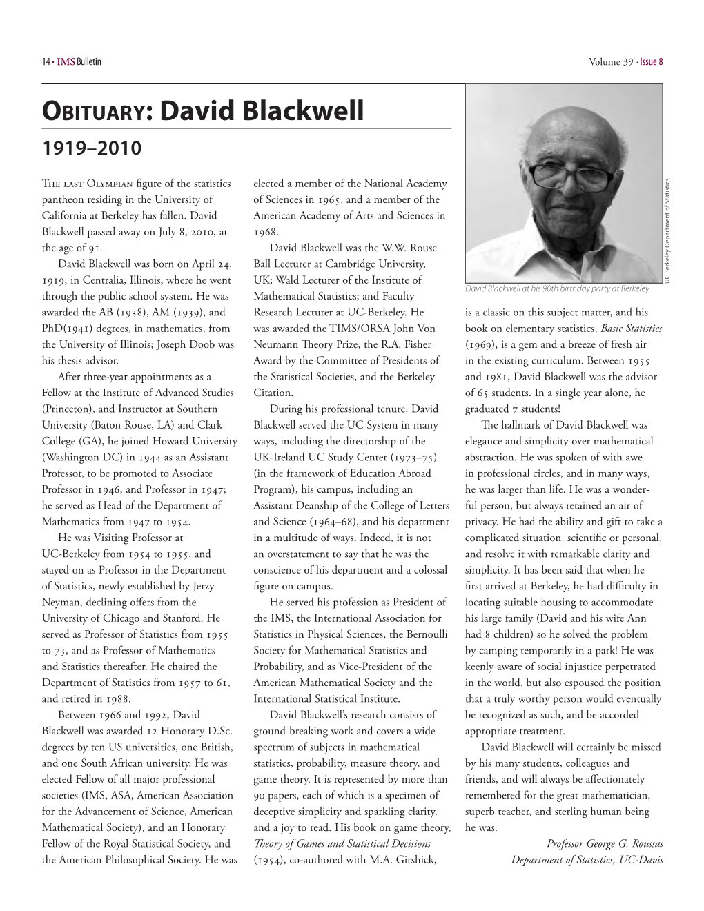 Obituary: David Blackwell 1919–2010