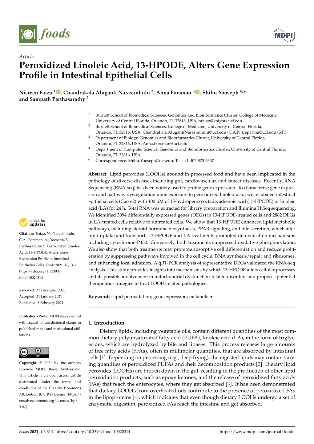 Peroxidized Linoleic Acid, 13-HPODE, Alters Gene Expression Proﬁle in Intestinal Epithelial Cells