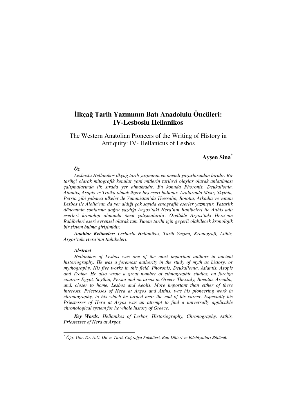 Lkçağ Tarih Yazımının Batı Anadolulu Öncüleri: IV-Lesboslu Hellanikos