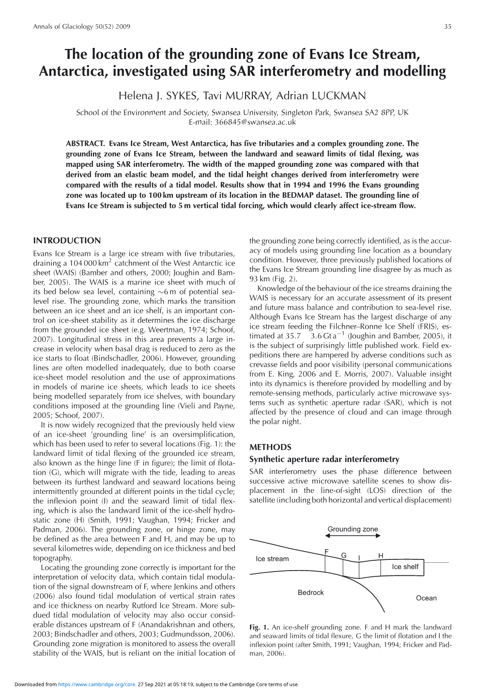 The Location of the Grounding Zone of Evans Ice Stream, Antarctica, Investigated Using SAR Interferometry and Modelling