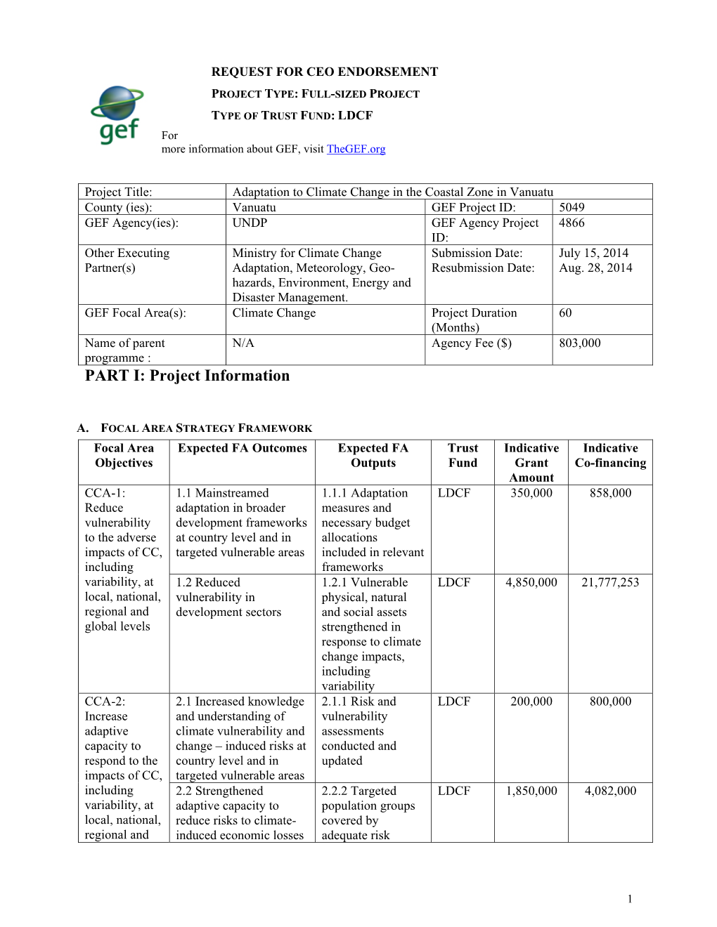 REQUEST for CEO ENDORSEMENT PROJECT TYPE: FULL-SIZED PROJECT TYPE of TRUST FUND: LDCF for More Information About GEF, Visit Thegef.Org