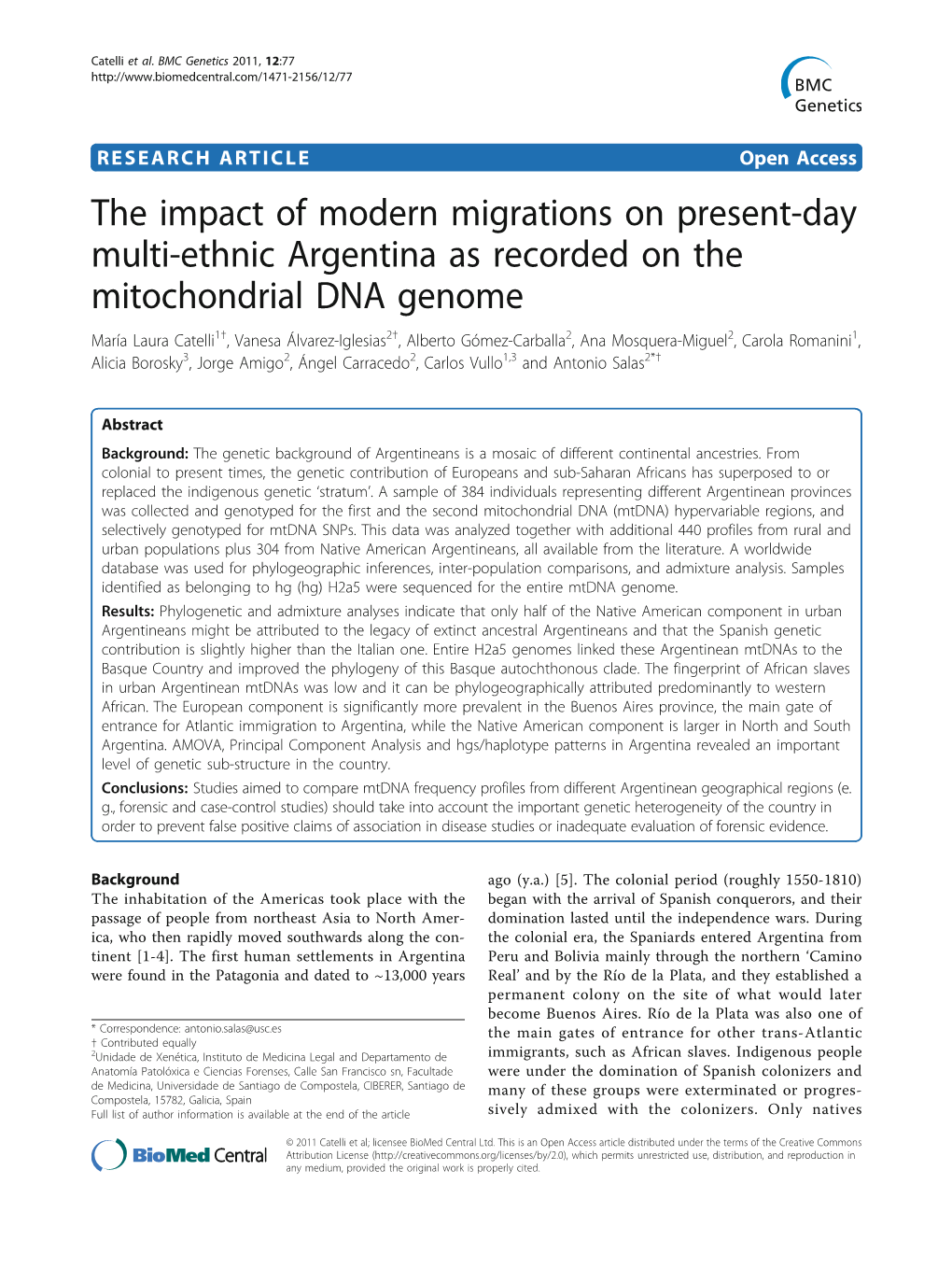 The Impact of Modern Migrations on Present-Day Multi-Ethnic Argentina As Recorded on the Mitochondrial DNA Genome