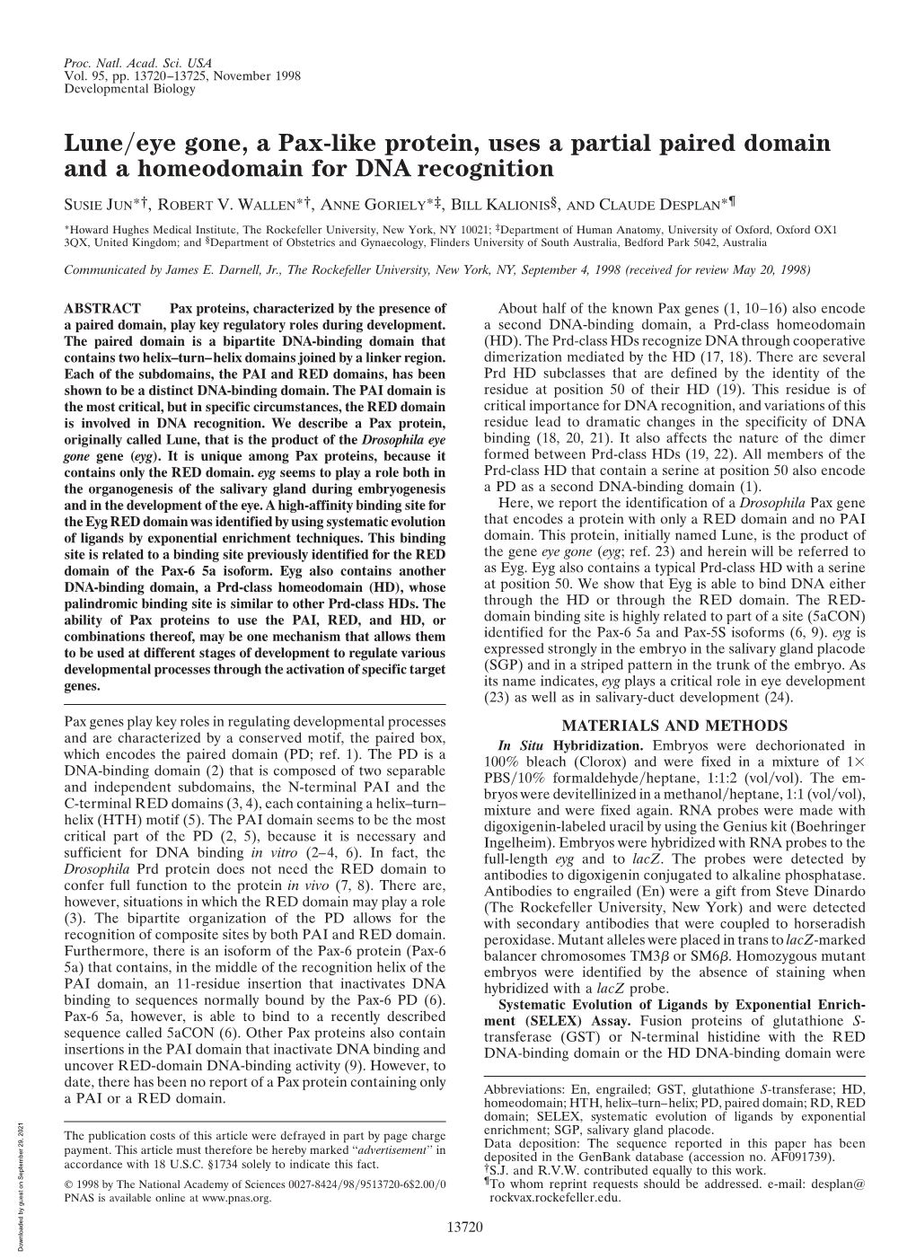 Lune/Eye Gone, a Pax-Like Protein, Uses a Partial Paired Domain and A