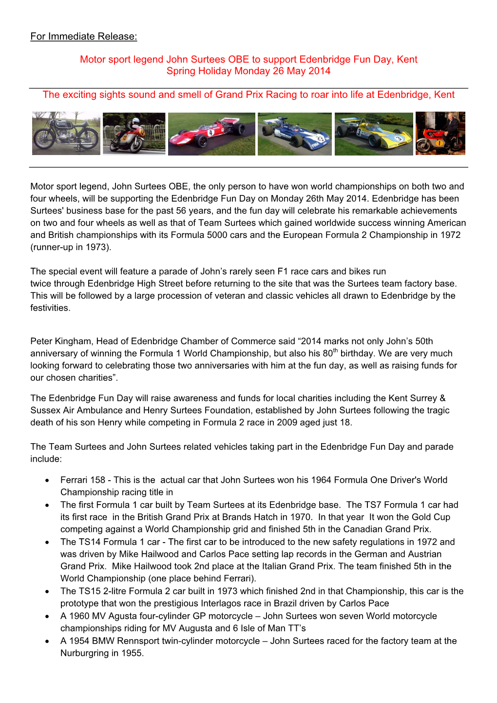 For Immediate Release: Motor Sport Legend John Surtees OBE To
