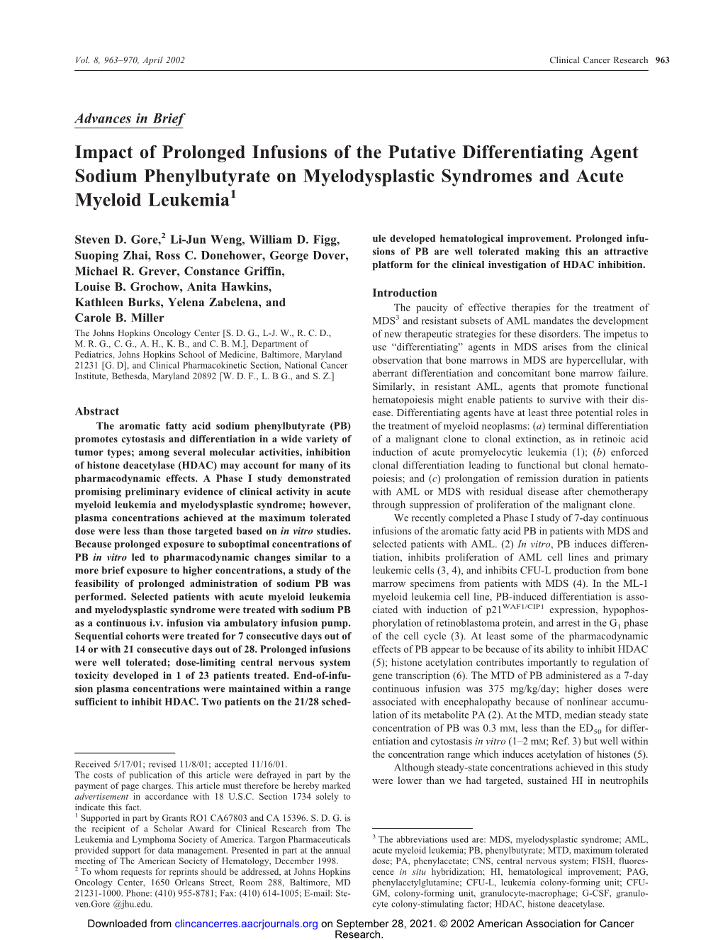 Impact of Prolonged Infusions of the Putative Differentiating Agent Sodium Phenylbutyrate on Myelodysplastic Syndromes and Acute Myeloid Leukemia1
