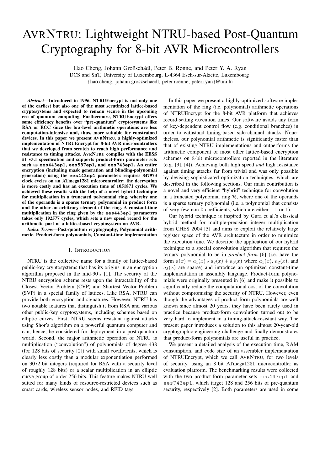 Lightweight NTRU-Based Post-Quantum Cryptography for 8-Bit AVR Microcontrollers