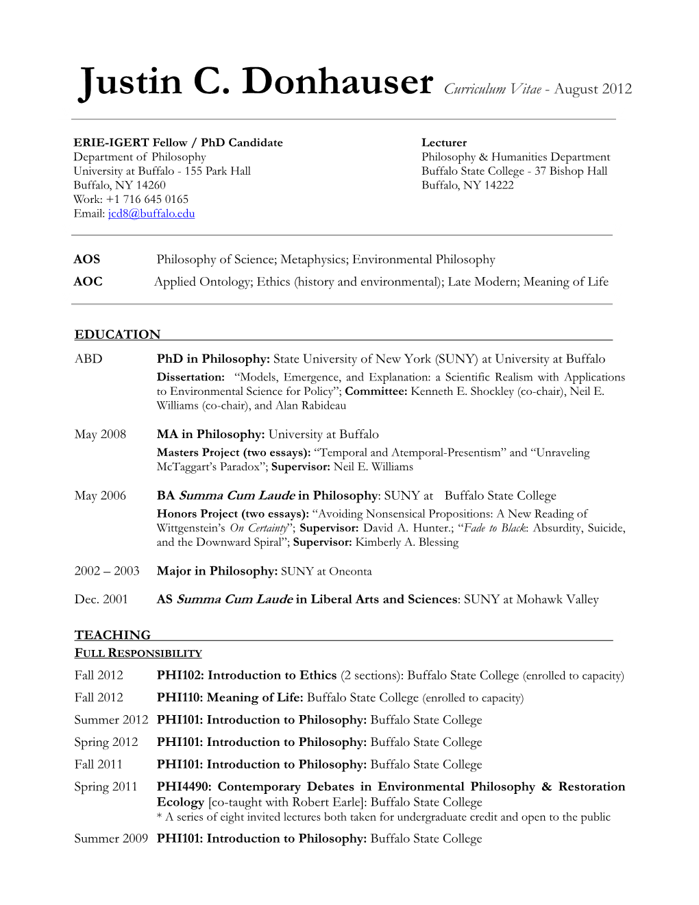 Justin C. Donhauser Curriculum Vitae - August 2012 V V