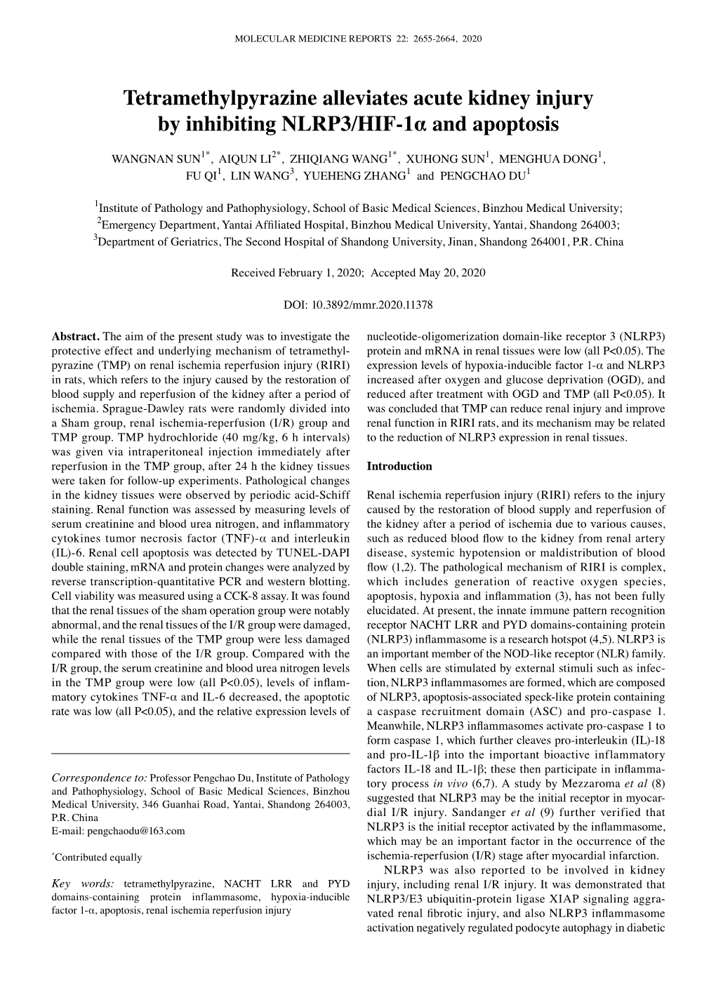 Tetramethylpyrazine Alleviates Acute Kidney Injury by Inhibiting NLRP3/HIF‑1Α and Apoptosis