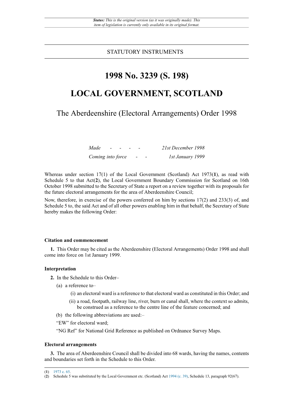 The Aberdeenshire (Electoral Arrangements) Order 1998