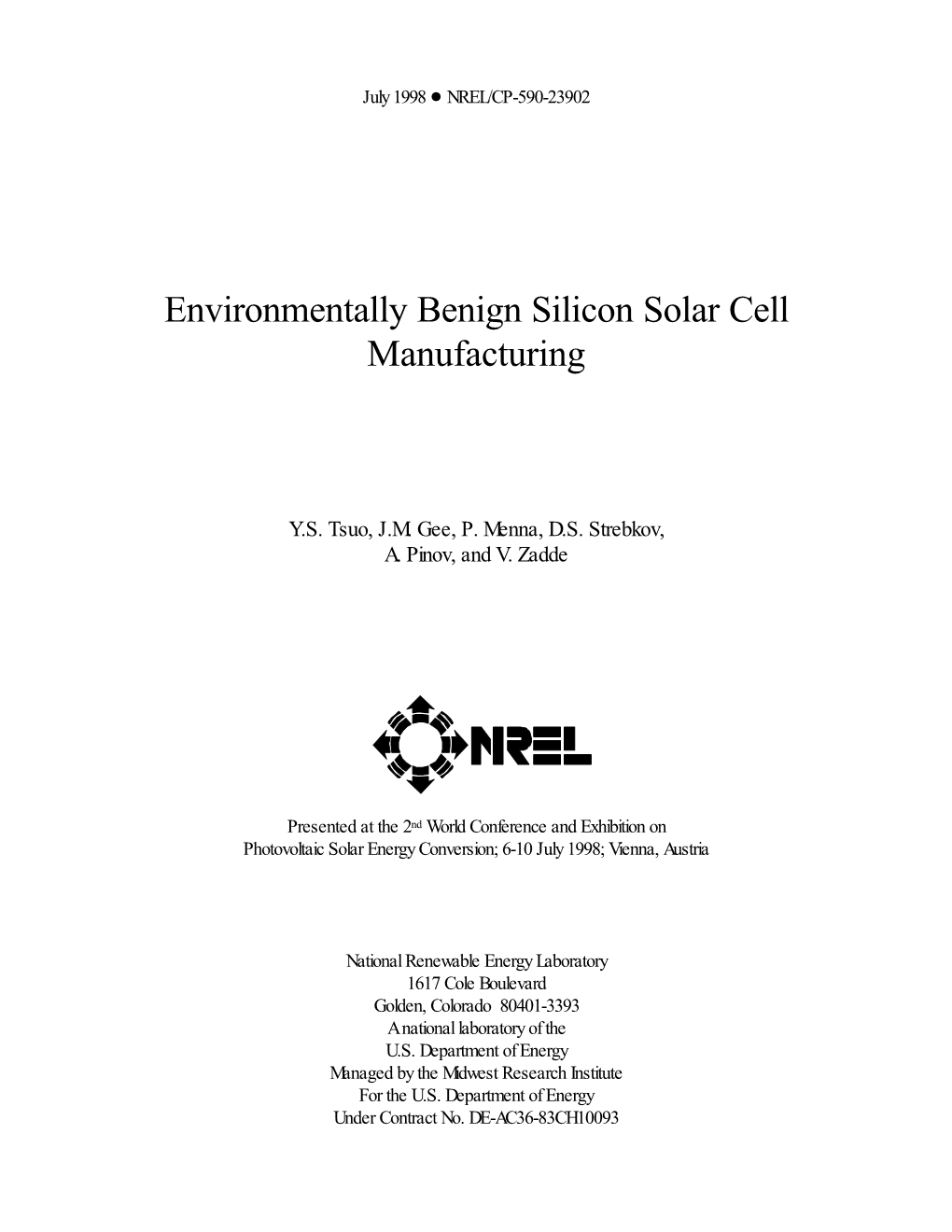 Environmentally Benign Silicon Solar Cell Manufacturing